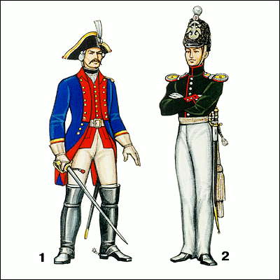 Карабинеры: 1 - унтер-офицер Карабинерного полка, 1763-78; 2 - обер-офицер Эриванского карабинерного полка, 1830-34. Россия.