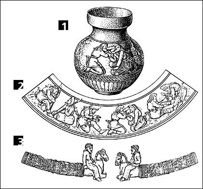 Куль-оба. Золотая ваза: 1 - общий вид; 2 - развертка с изображениями скифов на вазе; 3 - фигуры конных скифов на концах золотой гривны.