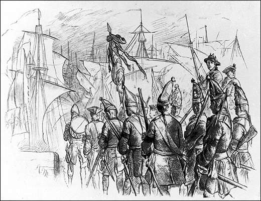 Адольф фон Менцель. Посадка английских солдат на коpабли. Иллюстpация к сочинениям Фpидpиха II. Гpавюpа на деpеве Ф. Унцельмана.
