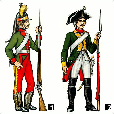 Мушкетёры (Россия): 1 - рядовой Мушкетёрского полка, 1786-96; 2 - рядовой Белозерского мушкетёрского полка, 1797-1801.
