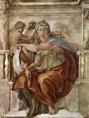 Сивиллы. Фреска Микеланджело на плафоне Сикстинской капеллы: дельфийская Сивилла. 1508-12. Ватикан.