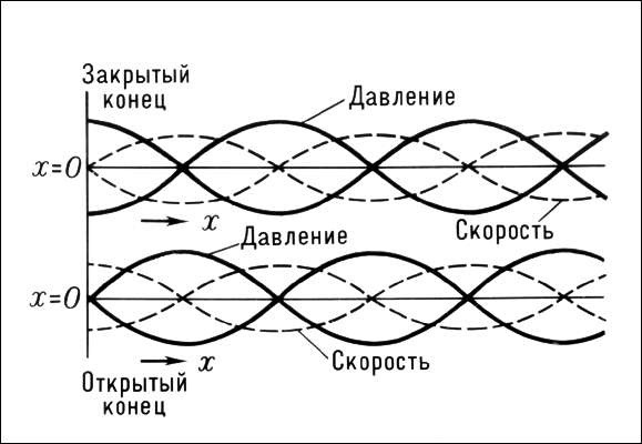 Стоячая волна. Распределение давлений и скоростей в стоячей звуковой волне при открытом и закрытом концах трубы.