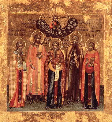 Священномученик Аввакум (в центре) с избранными святыми. Старообрядческая икона. 18 в.