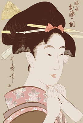 Китагава Утамаро. Кpасавица Осомэ из дома Абуpа-ё. Цветная гpавюpа на деpеве.