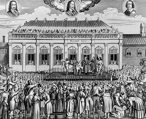 Английская революция 17 в. Казнь Карла I. Площадь перед дворцом Уайтхолл в Лондоне. Лубок 17 в.