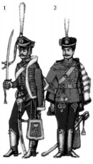 Гусары: 1 - рядовой Ахтырского гусарского полка, 1812-16; 2 - обер-офицер лейб-гвардии Гусарского полка, 1911