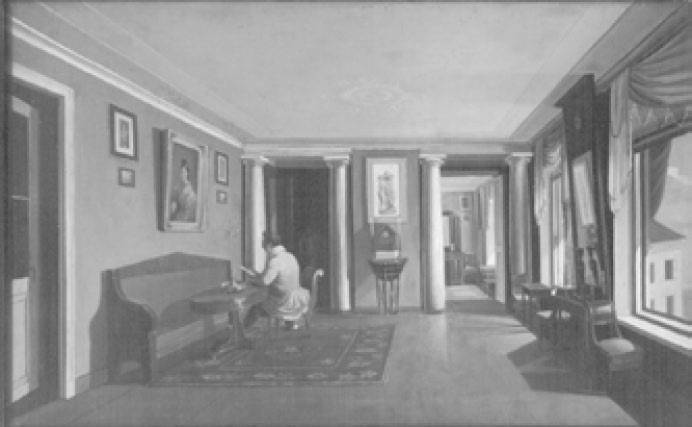 Интерьер. В комнатах с колоннами на антресолях. Худ. К. А. Зеленцов. Кон. 1820-х гг.