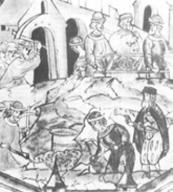 А. Фиораванти руководит закладкой фундамента Успенского собора в Москве. Миниатюра. 1475