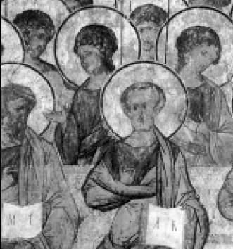 Даниил Черный. Андрей Рублев. Фрагмент росписи Успенского собора во Владимире. 1408
