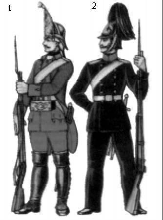 Гренадеры: 1 - гренадер пехотного полка, 1756-61; 2 - рядовой Гренадерского генералиссимуса князя Суворова полка, 1855